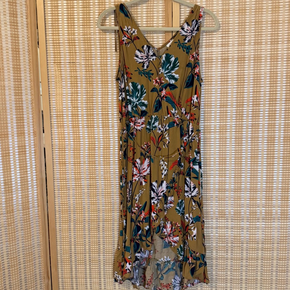 A New Day Mustard Floral High-Low Faux Wrap Dress Womens M Sleeveless V-Neck